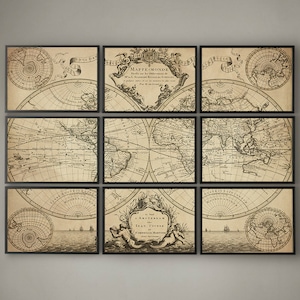 MAPA-MÚNDIA DE L'ISLE DE 1720, Impressão de Belas Artes, Mapa-múndi de Guillaume de L'Isle de 1720, Mapa de 9 Painéis, Mapa do Mundo, Tríptico, Mapa Antigo