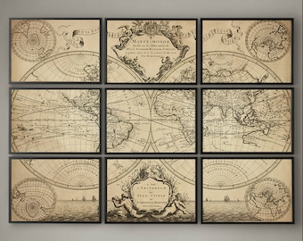 L'ISLE'S 1720 WORLD MAP, Fine Art Print,  L'Isle's 1720 Guillaume de L'Isle's mappe monde,  9 Panel Map, Map of the World, Triptych, Old Map