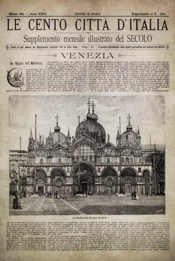 Venice Italy Newspaper Italian Art Venezia Full Cover Circa 1887 Old Italian Newspaper Circa 1800s Italian Newspaper Italian Decor