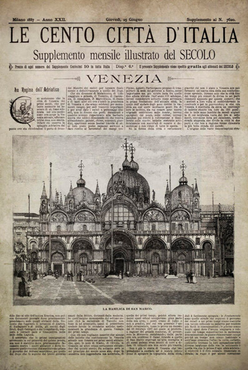 Venice Italy Newspaper Italian Art Venezia Full Cover Circa 1887 Old Italian Newspaper Circa 1800s Italian Newspaper Italian Decor