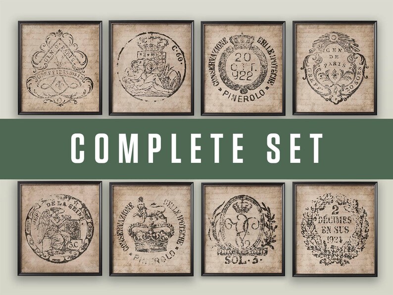 May include: A set of eight framed prints featuring vintage black and white illustrations of various crests and seals. The prints are all framed in black and have a distressed, antique look.