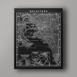 MELBOURNE CITY MAP : Vintage Melbourne Australia - Map of Melbourne - Melbourne Street Map - Detailed Map of Melbourne - Melbourne Wall Map