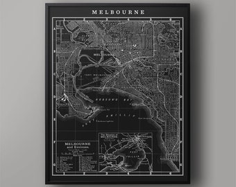 MELBOURNE CITY MAP : Vintage Melbourne Australia - Map of Melbourne - Melbourne Street Map - Detailed Map of Melbourne - Melbourne Wall Map