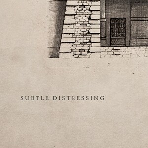 May include: A black and white illustration of a brick wall with a cracked section. The wall is part of a building with a door and a window. The text "SUBTLE DISTRESSING" is printed below the image.