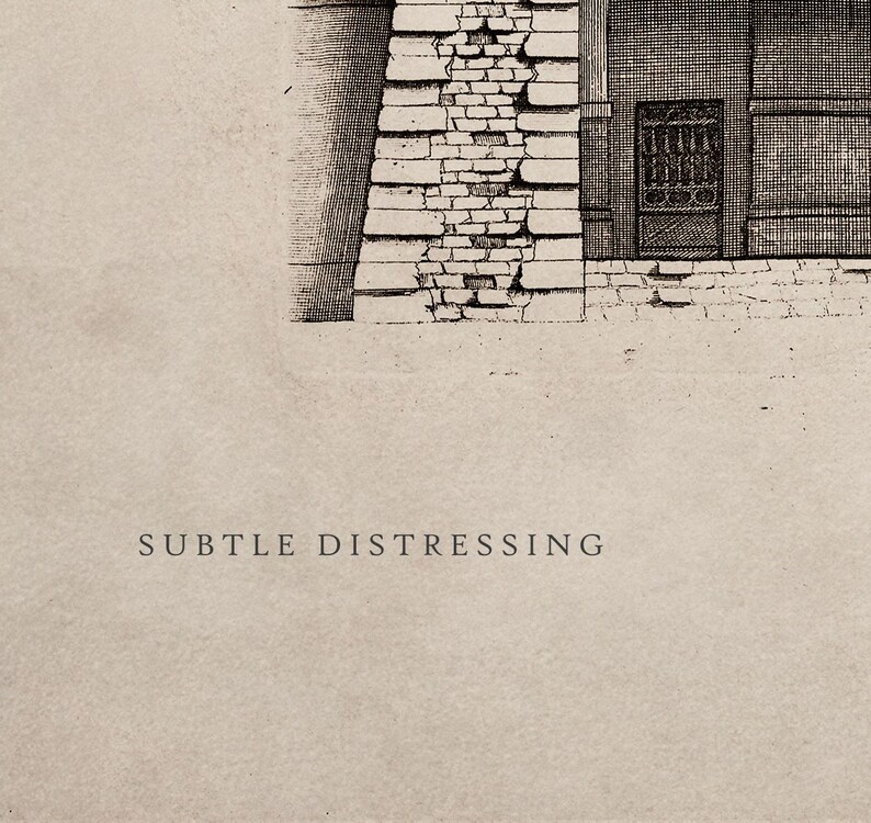 May include: A black and white illustration of a brick wall with a cracked section. The wall is part of a building with a door and a window. The text "SUBTLE DISTRESSING" is printed below the image.