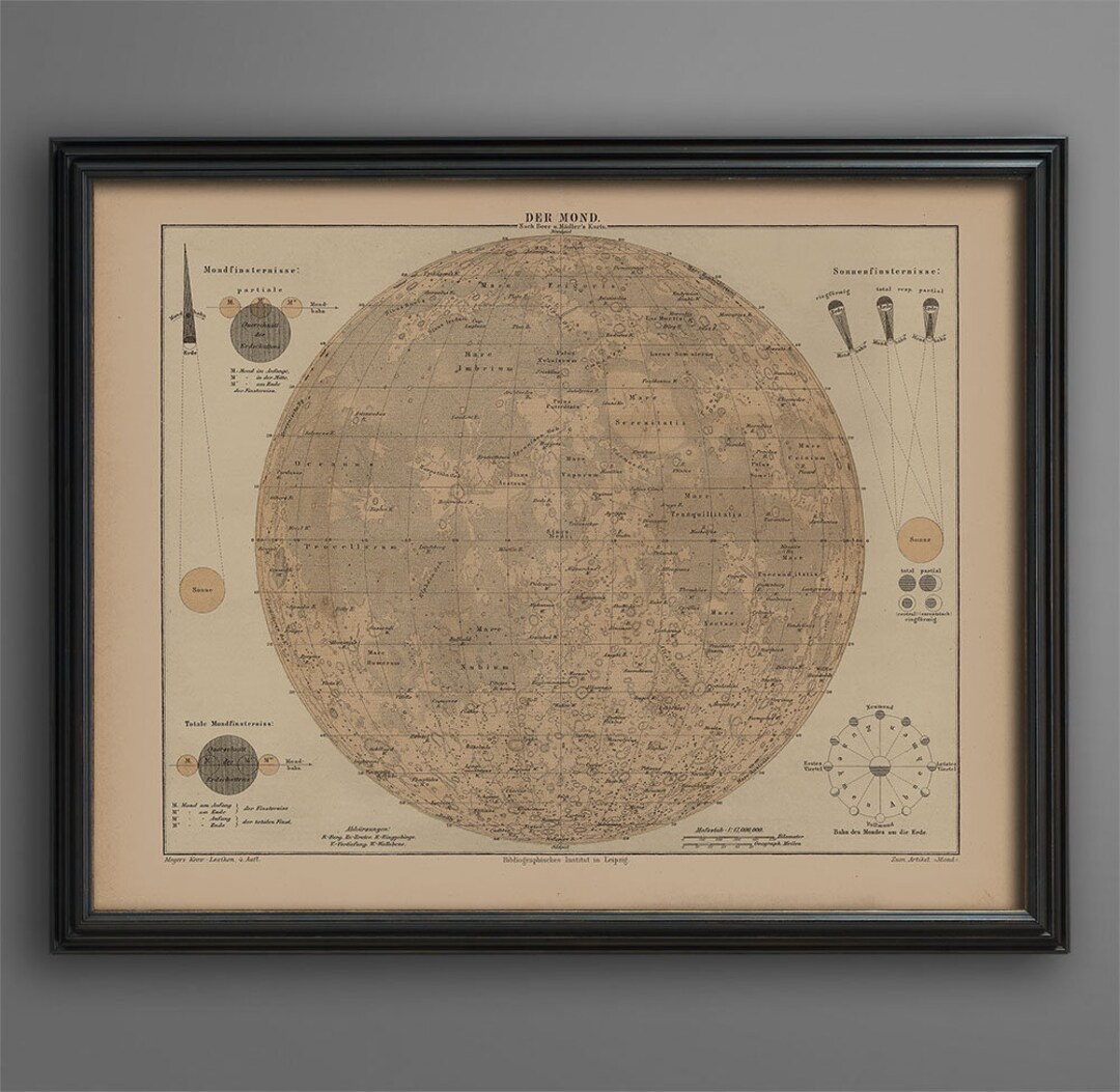 ANTIQUE LUNAR MAP, Moon Map, Lunar Surface, Map of the ...