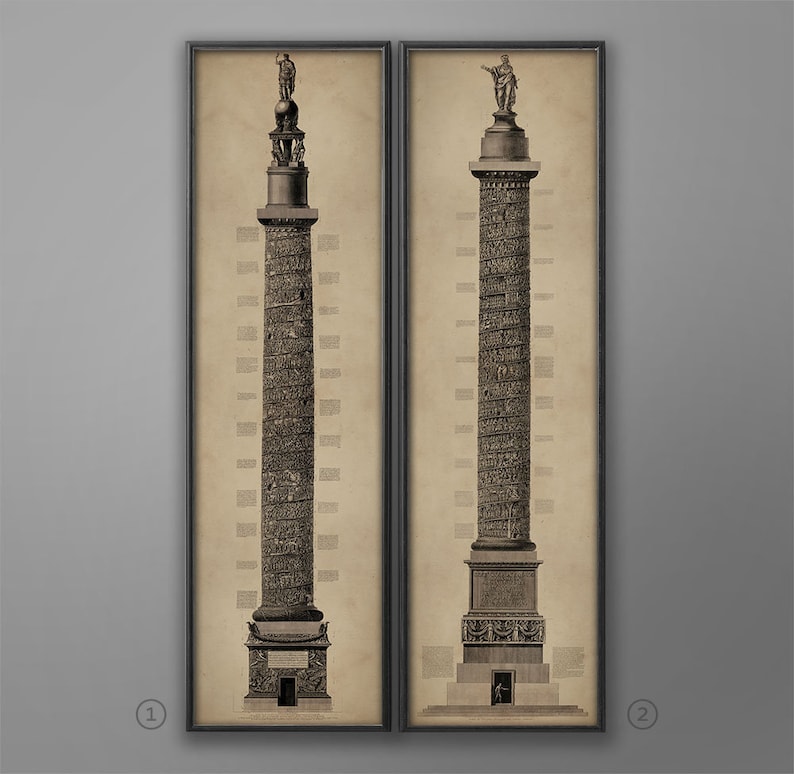 TRAJAN'S COLUMN and COLUMN of Marcus Aurelius Etching Prints Giovanni Battista Piranesi 18th-century Rome, Italy Rustic Vintage Old image 1