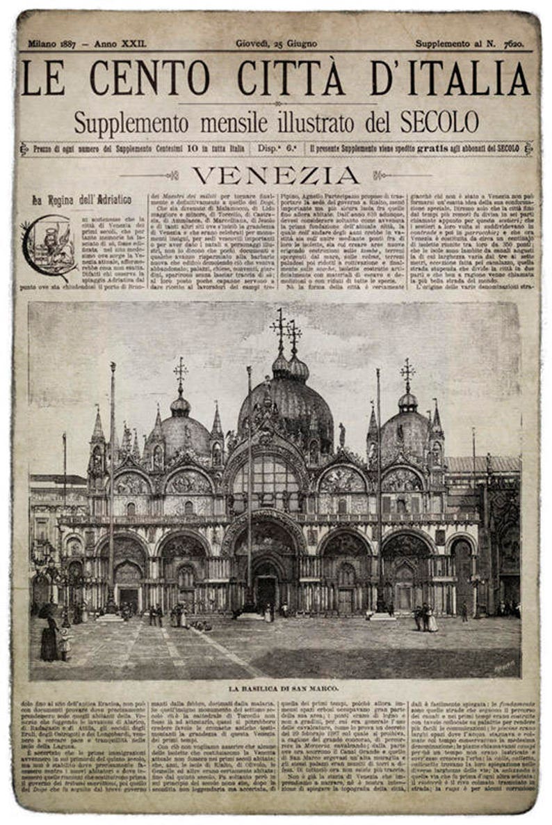 Venice Italy Newspaper Italian Art Venezia Full Cover Circa 1887 Old Italian Newspaper Circa 1800s Italian Newspaper Italian Decor