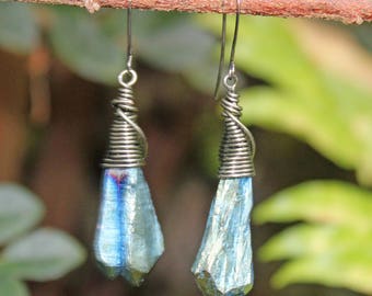 Blue Titanium Quartz Crystal Point Wire Wrapped Earrings, Druzy Earrings, Titanium Quartz, Crystal Point Earrings, Healing Crystals