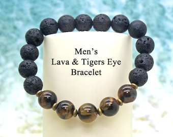 Mens Lava and Tigers Eye Healing Bracelet / Lava Bracelet / Gemstone Bracelet / Mens Bracelet / Strength / Courage / Protection