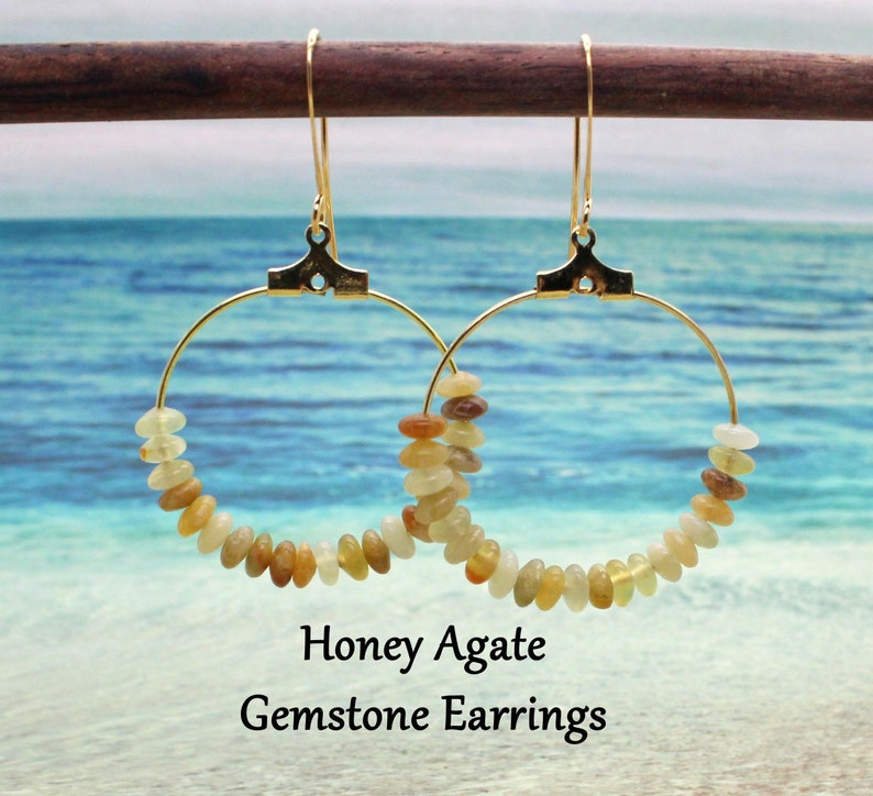 HONEY AGATE Hoop Earrings / Gemstone Earrings / Chakra Earrings / Gold Hoop Earrings / Solar Chakra / Abundance / Healing Crystals image 1