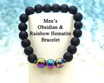 Pulsera curativa de obsidiana para hombres / Hematita arco iris / Pulsera de piedras preciosas / Pulsera para hombres / Transformación / Protección / Conexión a tierra