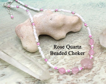 Rose Quartz Beaded Choker / Healing Crystals / Beaded Choker / Seed Bead Choker / Attract Love / Self Love / Healing Crystals for Kids
