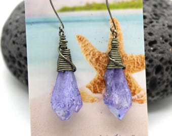 Purple Titanium Quartz Crystal Point Wire Wrapped Earrings, Druzy Earrings, Titanium Quartz, Crystal Point Earrings, Healing Crystals