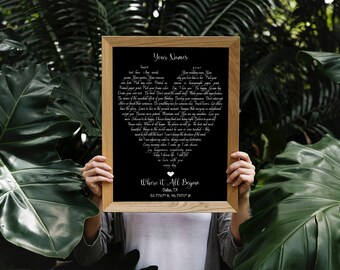 Framed Song Lyrics Wall Art Print, Wedding Gift For Couples Who Have Everything, Any Poem To Canvas, Any Lyrics Or Text In A Heart Shape