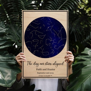 Wooden Night Sky Print,  Custom Sky Map By Date, Celestial Print On Wood, Custom Star Map, Engagement Gifts For Couple, Constellation Map