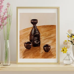 Sake-set | Japanskinspirerat stilleben | Minimalistisk köksväggkonst | Utskrivbar oljemålning