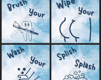 4 Piece Kids Blue Bathroom Sayings 8x10 Digital Download, Bathroom Funny Download, Funny Bathroom Art, Wash Hands, Brush Teeth, Wipe Butt