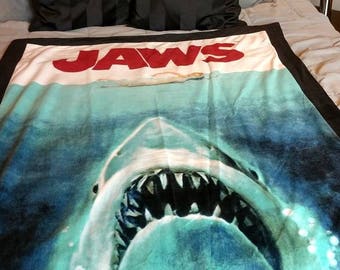 Jaws Licensed Sewn Fleece Blanket, Shark Blanket, Jaws Movie Poster, NerdNeeds, Fleece Sewn Blanket, Bruce Blanket, Quint's Shark Fishery