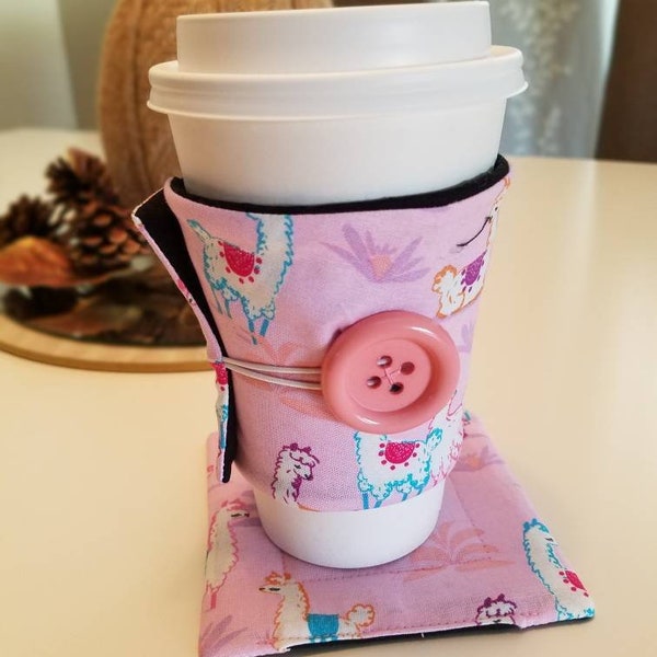 Llama Coffee Cup Sleeve and Fabric Coaster Set, Reusable Cup Sleeve, Disposable Coffee Cup Warmer, Insulated Coffee Holder, Llama Mama Gift