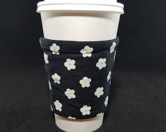 Daisy Flower Coffee Cup Sleeve, Flower Coffee Cup, Black Flower Reusable Cup Sleeve, Disposable Coffee Cup Warmer, Insulated Coffee Holder