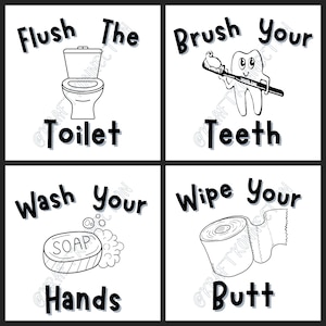 4 Piece Bathroom Sayings 12&quot;x12&quot; Digital Download, Bathroom Funny Download, Funny Kids Art, Wash Hands, Brush Teeth, Wipe Butt, Flush Toilet