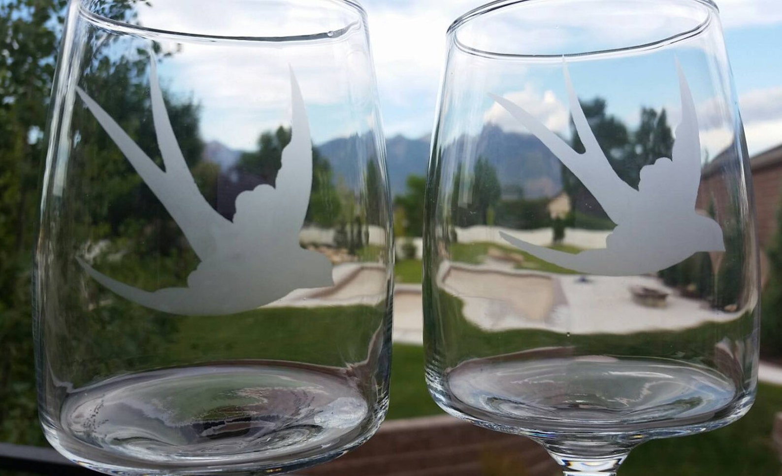 Bird Wine Glass Etched Wine Glasses Flying Bird Etched Etsy