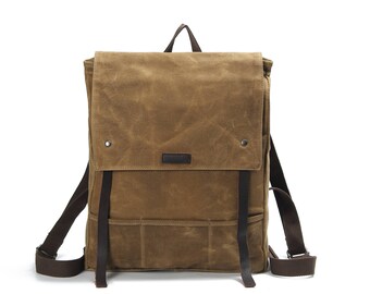Medium Canvas Backpack with Smooth one-piece Leather Flap
