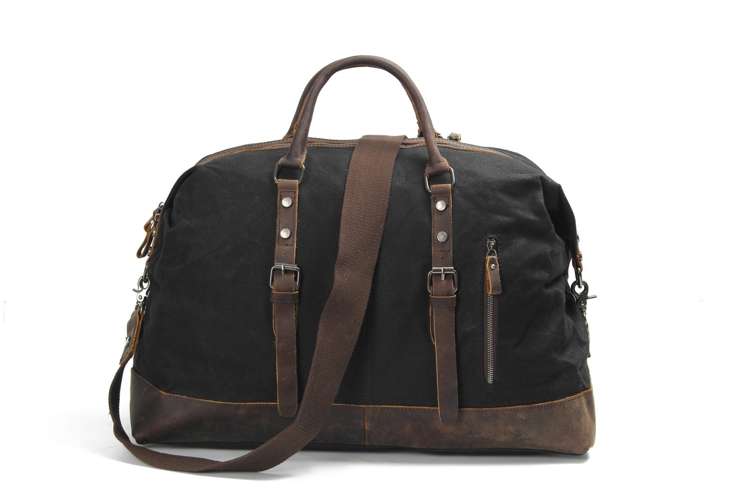 Leather Waxed Canvas Duffle Bag Black Etsy