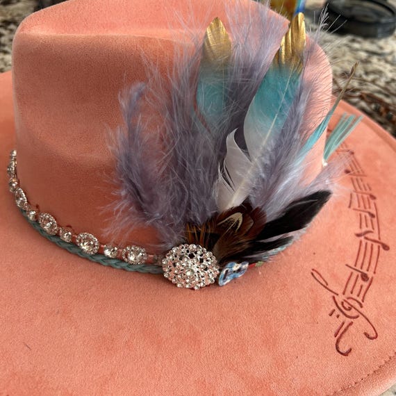 Custom Burnt Guitar and Notes Peach Fedora with Feather Accent, with Bling. Customized fedora hat with guitar pick and feather accent main image 4