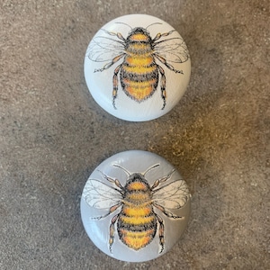Può includere: Due pomelli rotondi in legno con un design a forma di ape. L'ape è gialla e nera con le ali. Un pomello è bianco e l'altro è grigio.