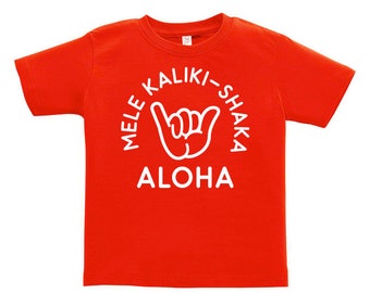 Mele Kaliki-Shaka - White design on red toddler t-shirt Mele Kalikimaka
