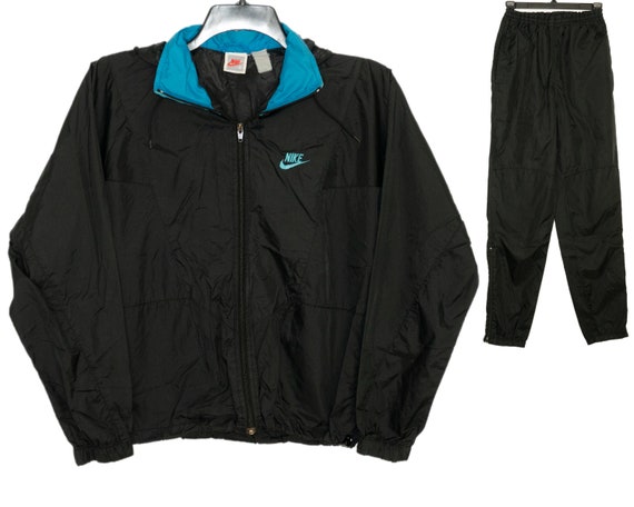modsloth Vintage Nike Black and Aqua Blue Windbreaker Suit Small/Medium Jacket and Pants 2-piece Outfit Track Suit 80's 90's Swoosh Hooded Collar