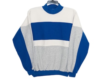 Vintage Stats 80's Blue Gray and Cream Color-blocked Striped Fleece Sweatshirt Small/Medium Pull Over 70's 80's