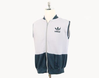 Vintage 80's Adidas Flocked Print Gray Two-tone Sweatshirt Vest Medium/Large/X-Large Made in U.S.A. Run DMC Rap Rock Hip-Hop