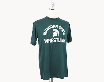 Vintage Michigan State University Wrestling Spartans Green and White T-Shirt Medium/Large MSU Jerzees by Russell