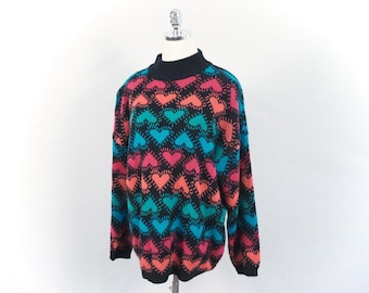 Vintage des années 80 des années 90 Keith Haring inspiré coeurs néon rose Orange vert bleu et noir Stefano International pull moyen/grand