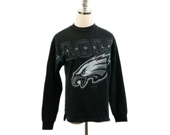 Vintage Philadelphia Eagles Football NFL Black Sweatshirt Adult Small/X-Small Youth X-Large Teal Silver Riddell