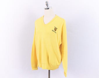 Vintage Waverly High School Warriors Embroidered Yellow V-Neck Sweater Medium/Large Lansing Michigan Melville Uniform Made in U.S.A. 70s 80s