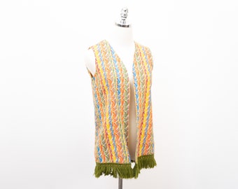 Vintage Psychedelic Rainbow Tapestry Hippie Vest X-Small/Small Handmade Fringe Waist Coat Bohemian Boho 60's 70's