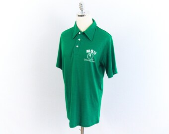 Vintage MSU Coaches Club Football Helmet Green and White Polo Shirt Medium/Large Whang 70's Retro Print Michigan State Spartans Made in USA