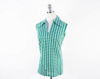 Vintage Houndstooth Mod White and Green Collared Sleeveless Sears Shirt X-Small/Small Tank 60's