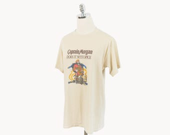 Vintage Captain Morgan Original Spiced Rum Cream T-Shirt Medium/X-Large Thin Worn Spring Ford