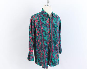 Vintage Wrangler Western Aztec Print Button Up Shirt 17-17.5 Large/X-Large XL Turquoise Pink Purple 80s 90s