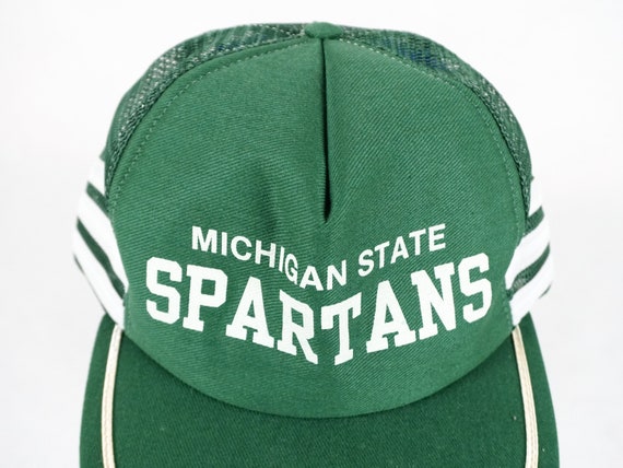 Vintage Michigan State Spartans MSU Hat 3 Triple Stripes Mesh Trucker Hat Snapback Retro 70's 80's Football Basketball Baseball