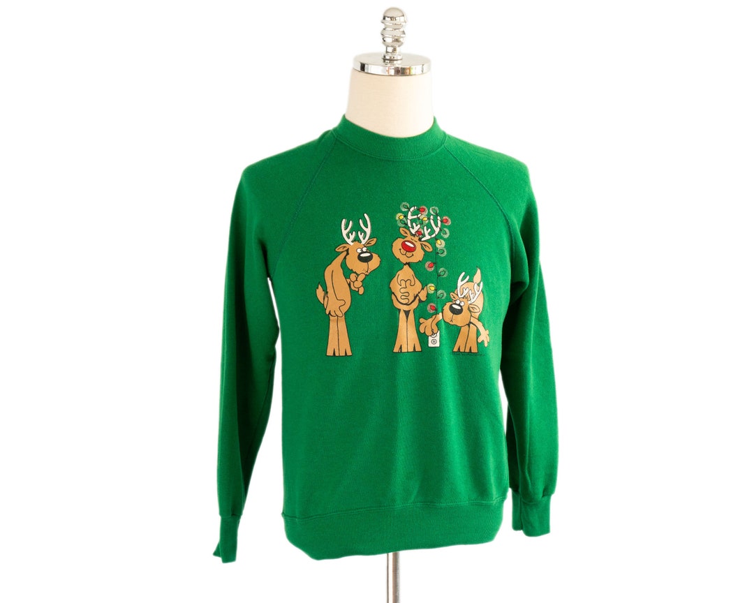 Vintage Reindeer Christmas Holiday Green Crewneck Raglan Sweatshirt