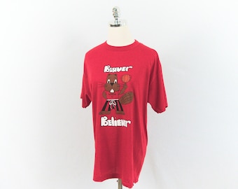 Vintage Beaver Believer Basketball Red T-Shirt Medium/Large Beaverton Michigan Ched Anvil Made in USA