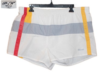 Vintage P & W Striped Red Yellow Gray and White Hawaii Swim Shorts Trunks X-Large XL Hawaiian Yacht Preppy