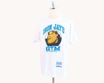 Vintage Jay Leno Iron Jay's Gym No Brain No Pain White T-Shirt Large/X-Large Made in U.S.A. Fruit of the Loom 90s The Tonight Show