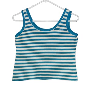 Vintage 70&#39;s Hang Ten Blue White Striped Tank Top Embroidered Feet Cotton X-Small